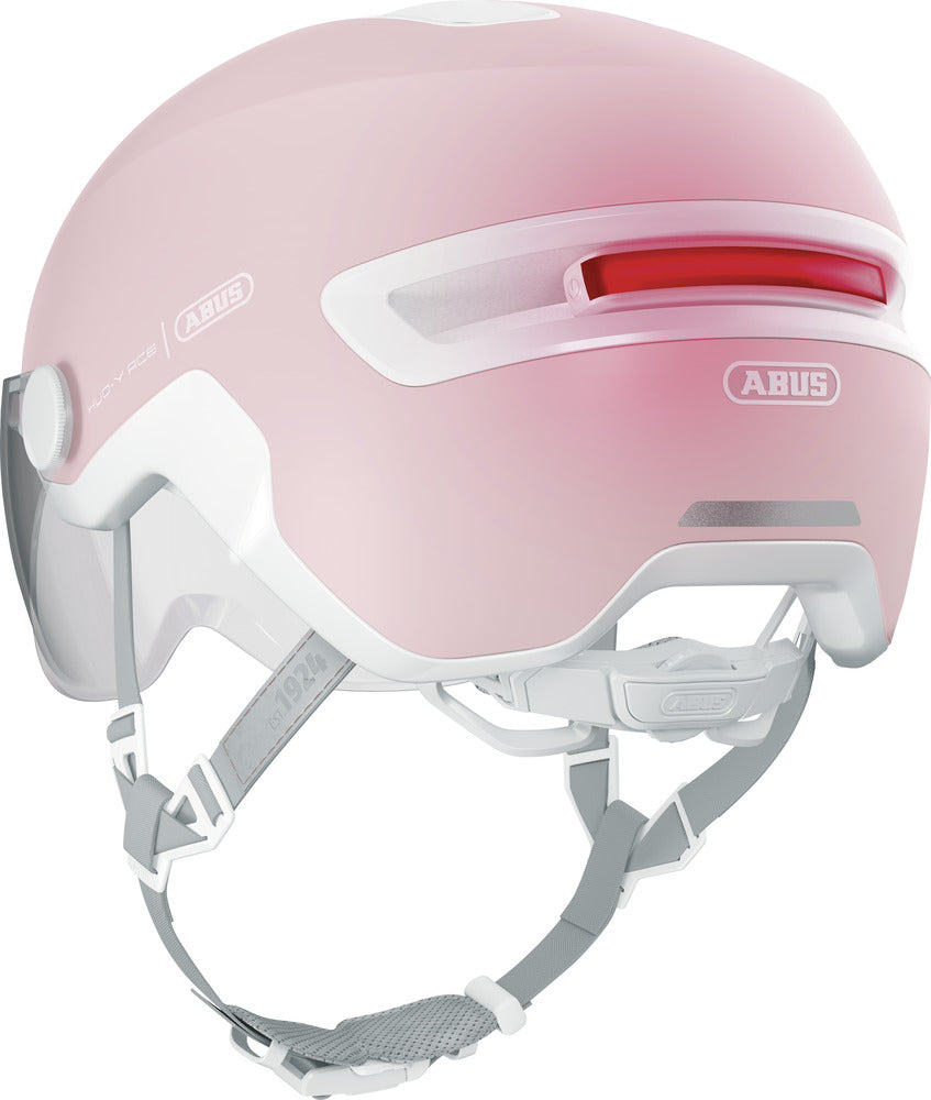 abus hud-y ace pure rose. Lyserød cykelhjelm med visir og LED