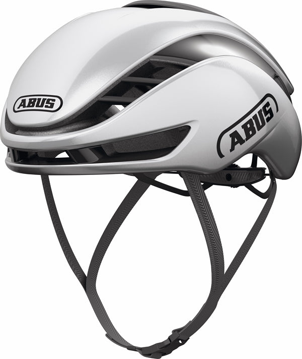 Abus Gamechanger 2.0 Gleam Silver. Sølv aerohjelm til landevej og tri