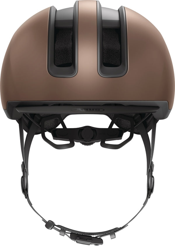 Abus Hud-Y Metallic Copper. Brun cykelhjelm med skygge og led lys