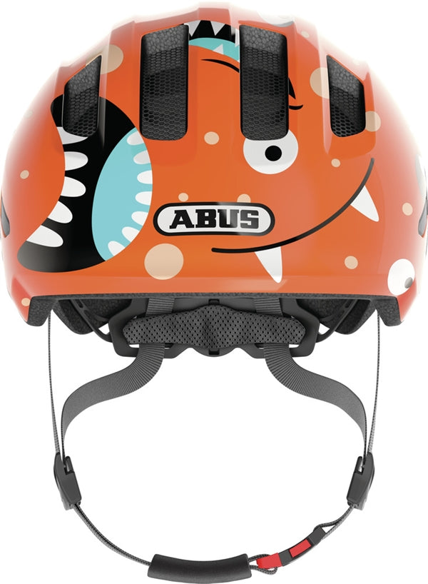 Abus Smiley 3.0 Orange Monster. Orange cykelhjelm til barn og baby med monster på